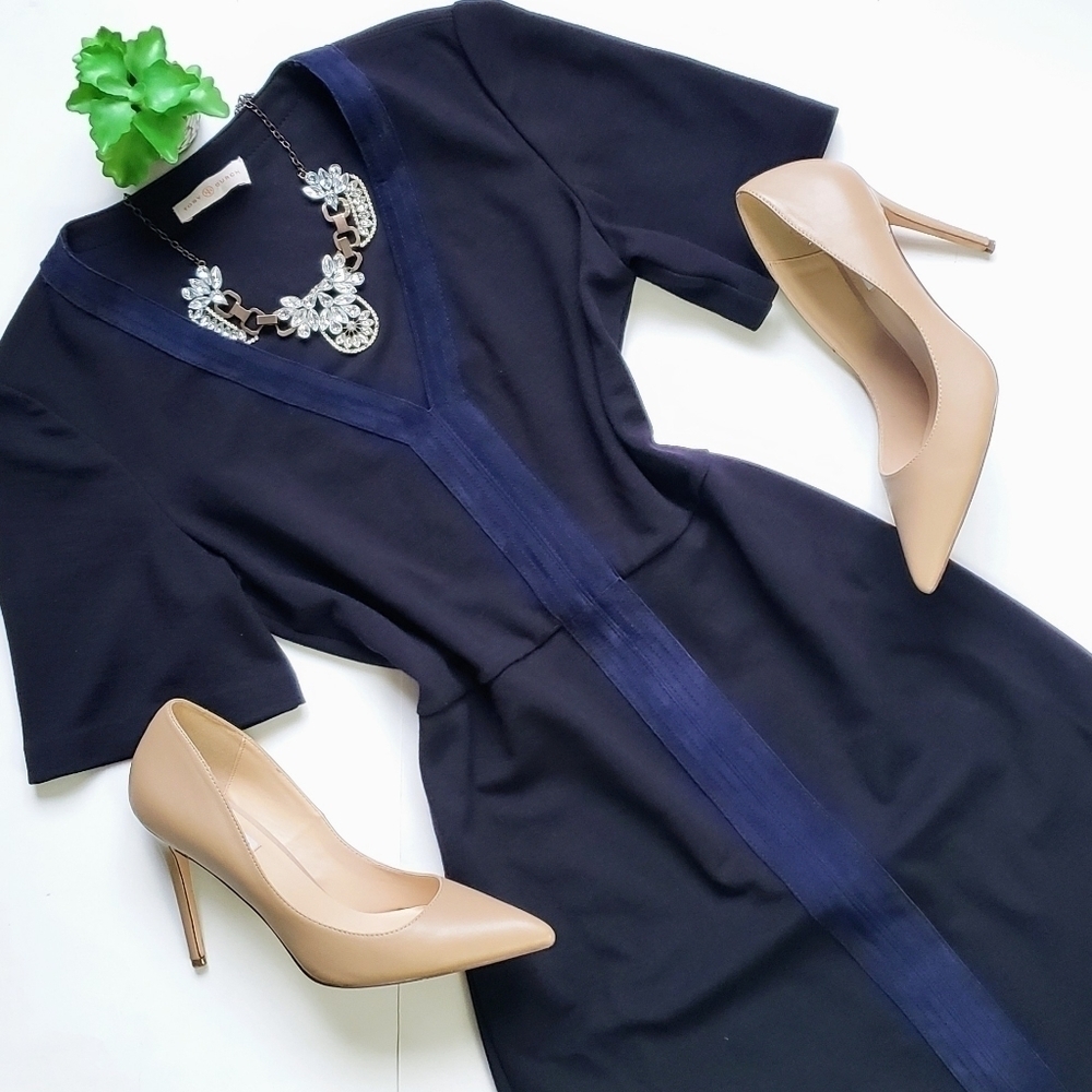 Tory Burch Navy Blue Sallare Suede Trim Short Sleeve V-Neck